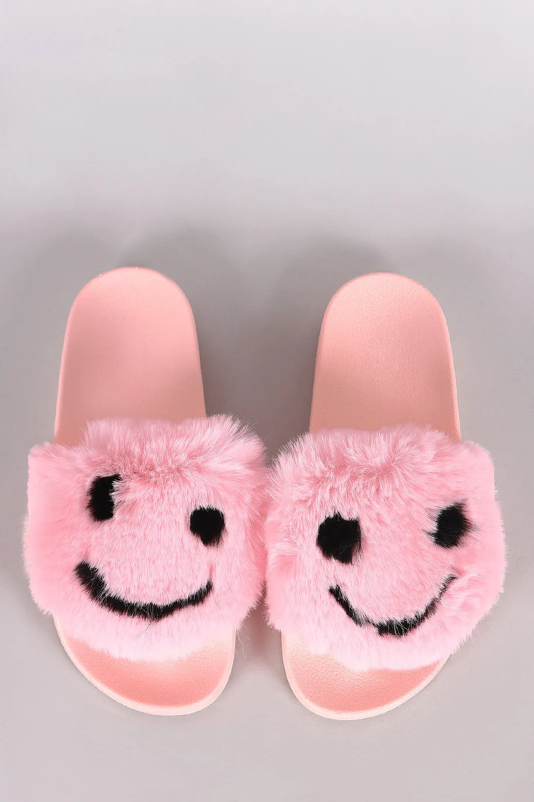 Qupid Faux Fur Smiley Face Open Toe Slide Sandal