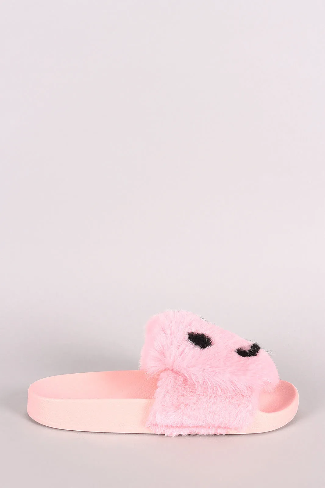 Qupid Faux Fur Smiley Face Open Toe Slide Sandal