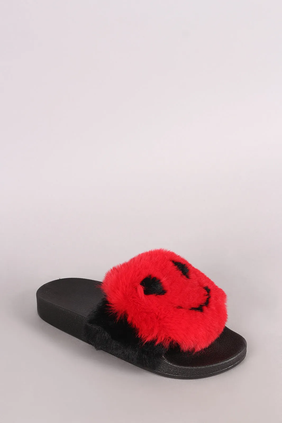 Qupid Faux Fur Smiley Face Open Toe Slide Sandal