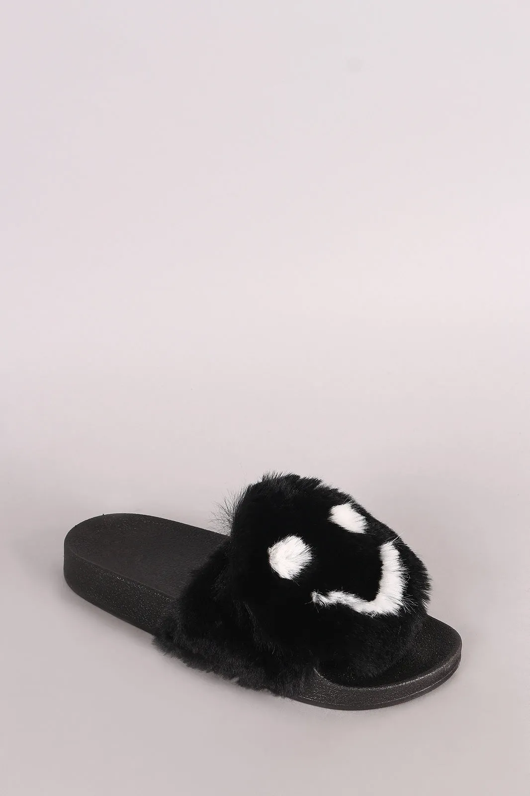 Qupid Faux Fur Smiley Face Open Toe Slide Sandal