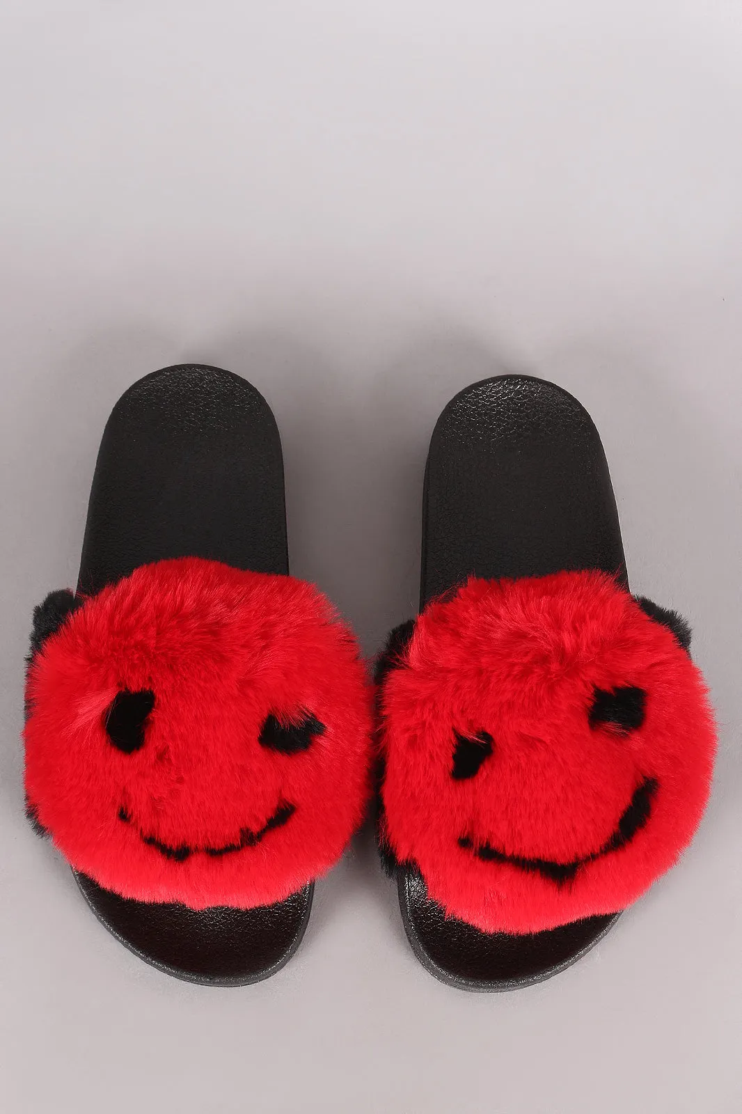 Qupid Faux Fur Smiley Face Open Toe Slide Sandal