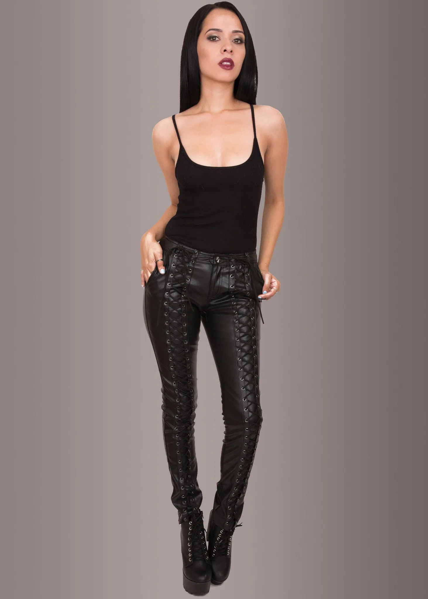 Rockstar Punk Rave Black Vegan Leather Lace-Up Pants