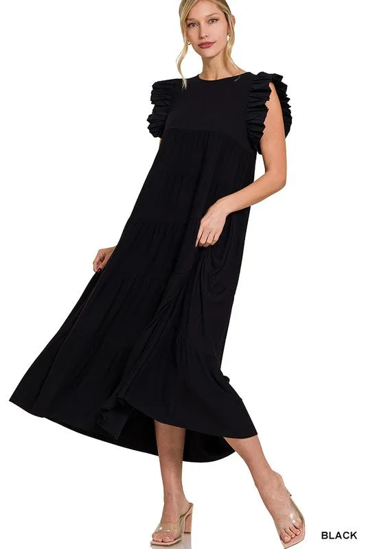 Ruffled Cap Sleeve Babydoll Tiered Maxi Dress