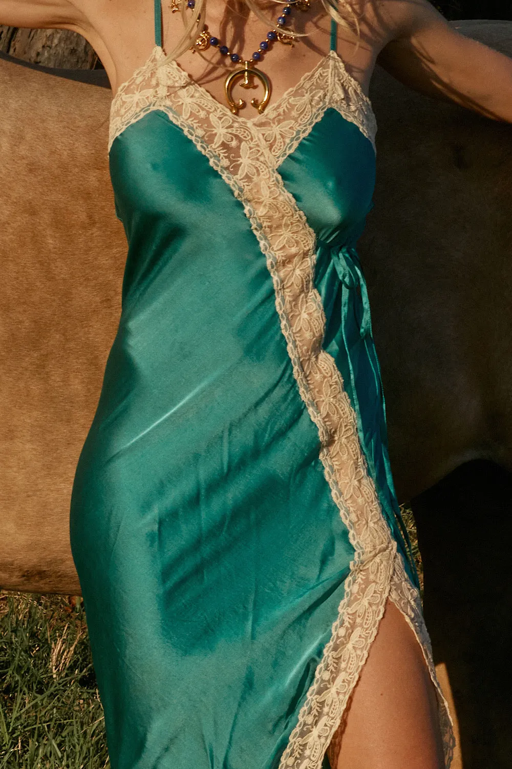 Serenade Silk Satin   Lace Maxi Slip Dress - Turquoise