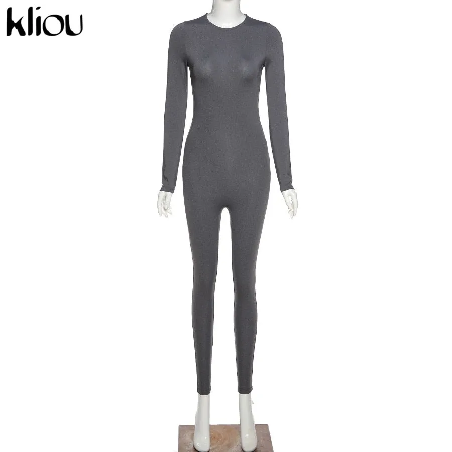 Solid black/gray long sleeve skiing  jumpsuit women elastic hight outfit fashion fitness sportwear slim rompers streetwear