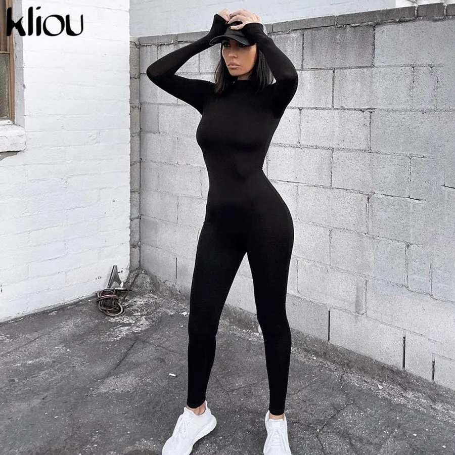 Solid black/gray long sleeve skiing  jumpsuit women elastic hight outfit fashion fitness sportwear slim rompers streetwear