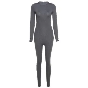 Solid black/gray long sleeve skiing  jumpsuit women elastic hight outfit fashion fitness sportwear slim rompers streetwear