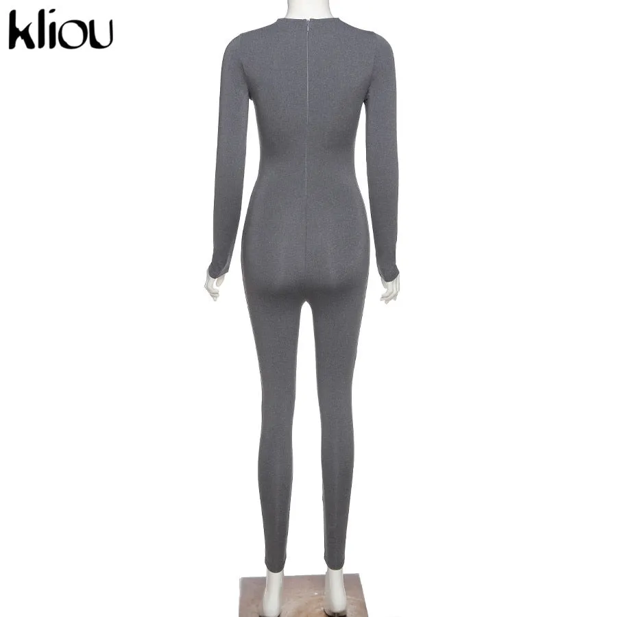 Solid black/gray long sleeve skiing  jumpsuit women elastic hight outfit fashion fitness sportwear slim rompers streetwear