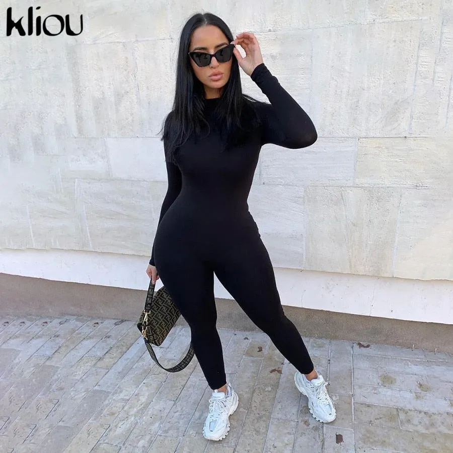 Solid black/gray long sleeve skiing  jumpsuit women elastic hight outfit fashion fitness sportwear slim rompers streetwear