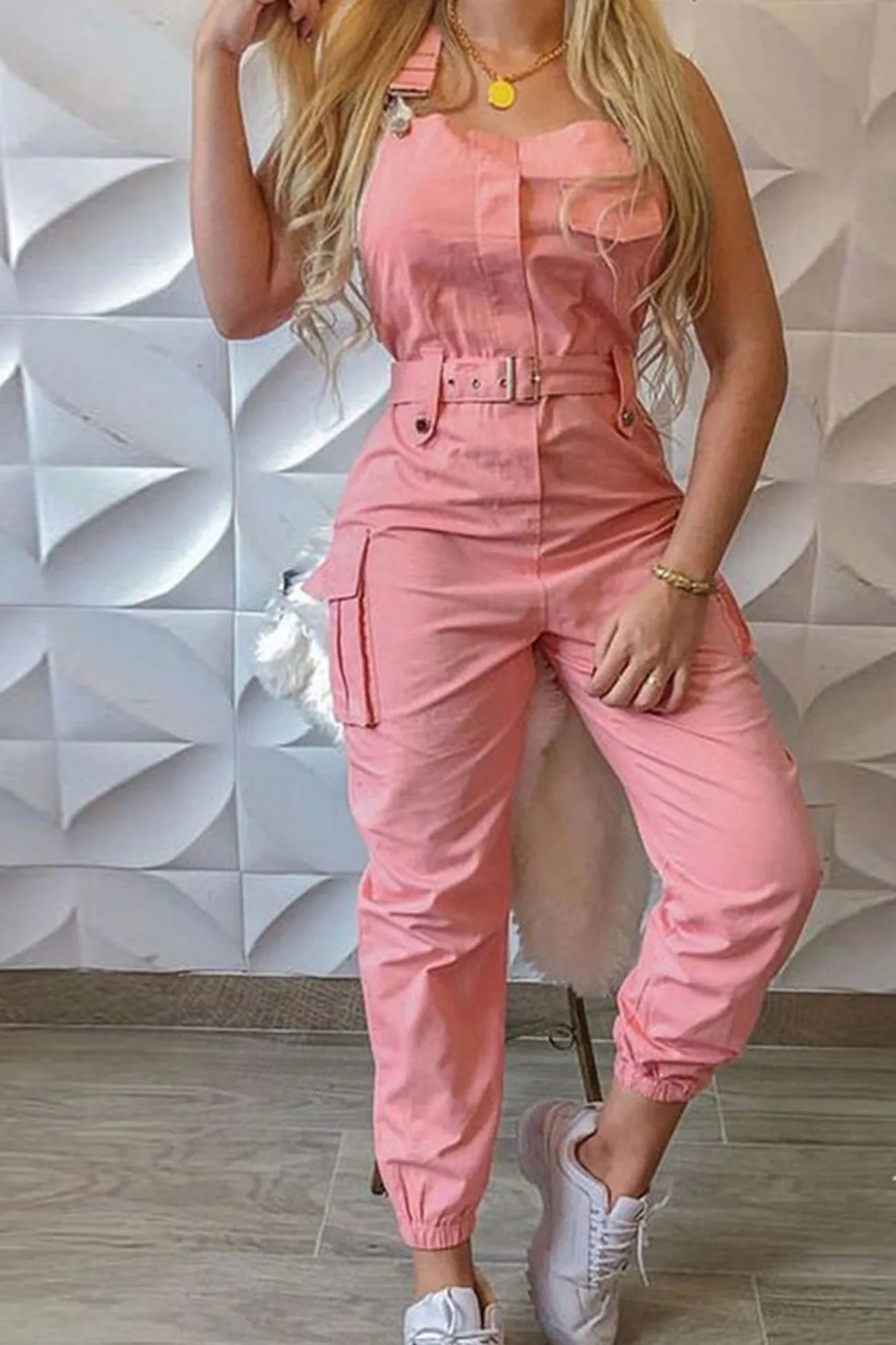 Solid Sleeveless Belted Cargo Jumpsuits