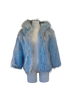 Steel Blue and Sparse Black Accent Mixed Faux Fur Coat with Hood