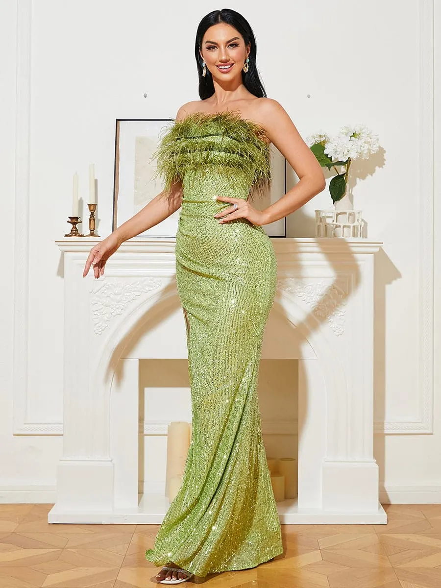 Strapless Feather Emerald Green Evening Dress RJ10035