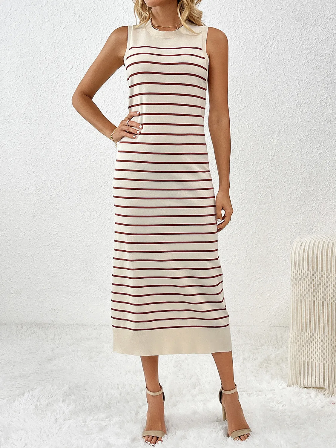 Striped Sleeveless Maxi Dress Women's Casual Round Neck Short Sleeve Midi Knit Dress