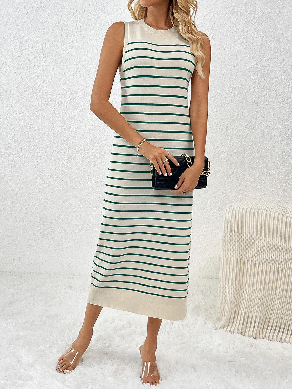 Striped Sleeveless Maxi Dress Women's Casual Round Neck Short Sleeve Midi Knit Dress