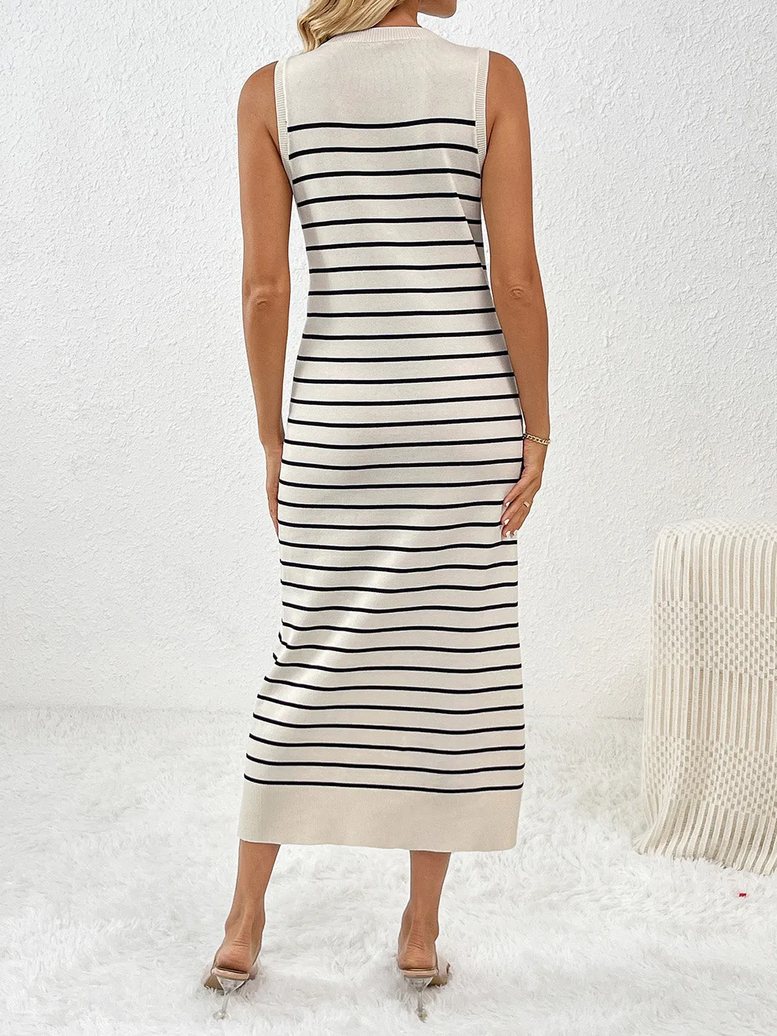 Striped Sleeveless Maxi Dress Women's Casual Round Neck Short Sleeve Midi Knit Dress