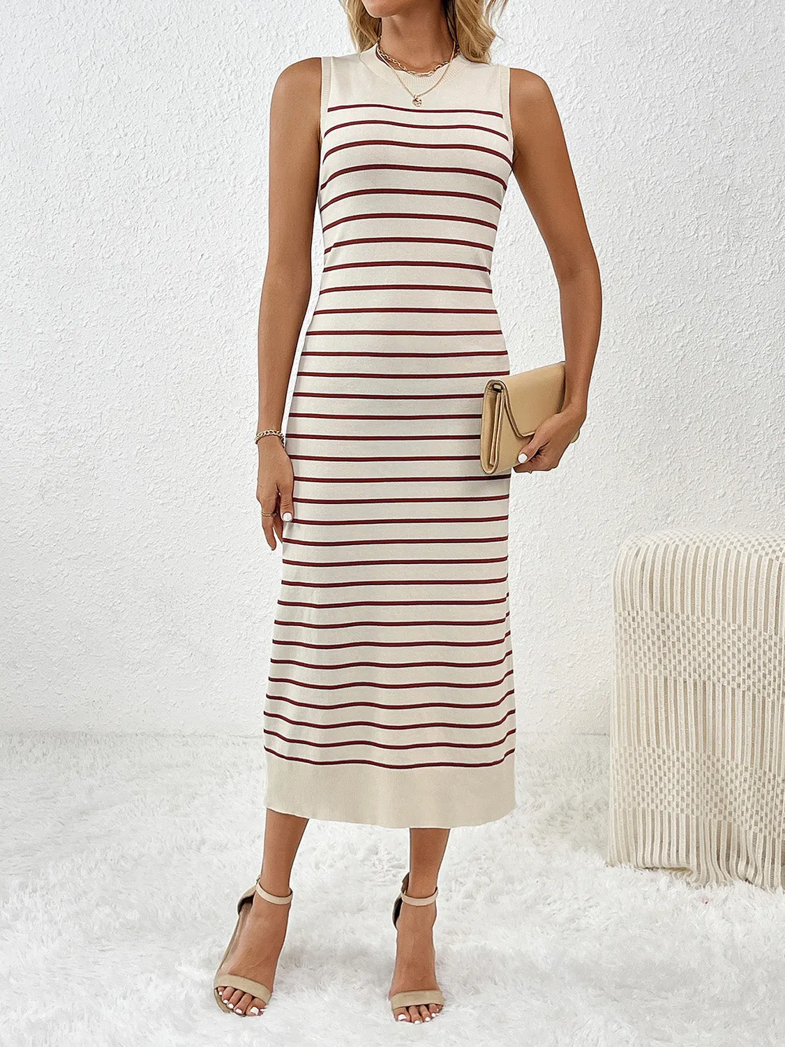 Striped Sleeveless Maxi Dress Women's Casual Round Neck Short Sleeve Midi Knit Dress