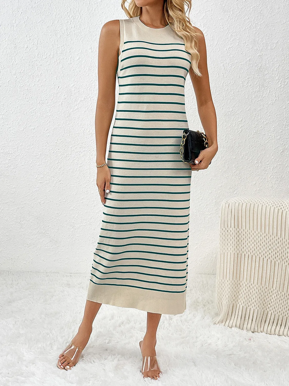 Striped Sleeveless Maxi Dress Women's Casual Round Neck Short Sleeve Midi Knit Dress