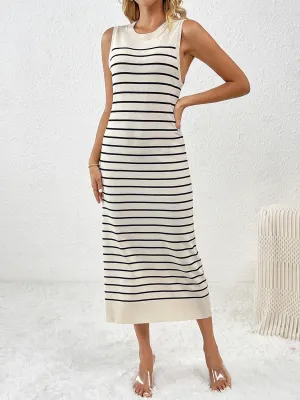 Striped Sleeveless Maxi Dress Women's Casual Round Neck Short Sleeve Midi Knit Dress