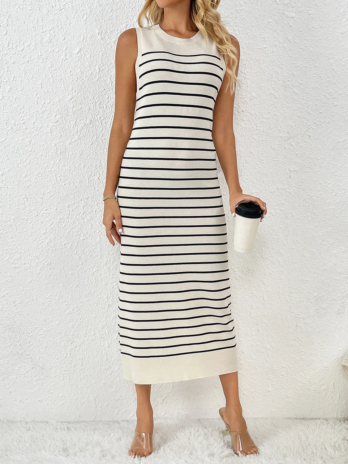 Striped Sleeveless Maxi Dress Women's Casual Round Neck Short Sleeve Midi Knit Dress