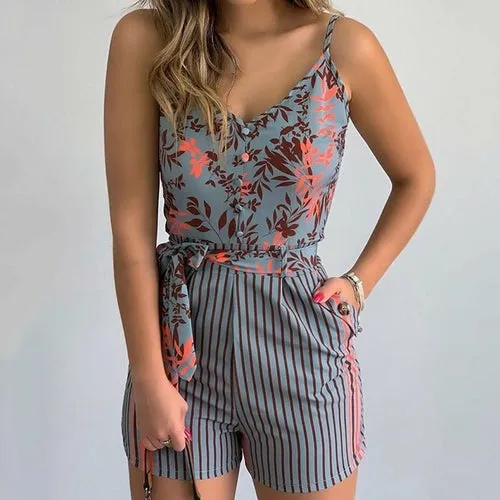 Summer Tropical Print Jumpsuit Slim Short Sleeve V-Neck Beach Rompers