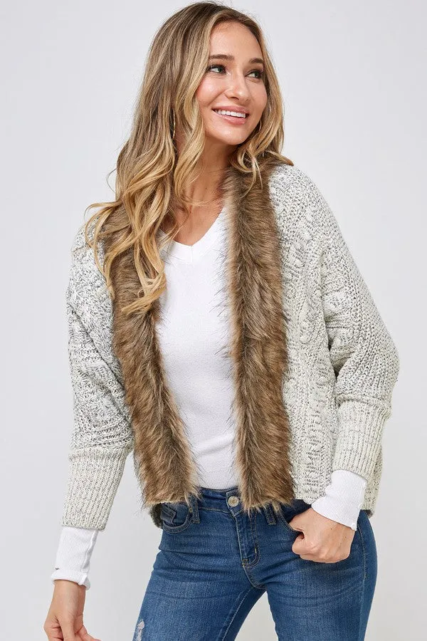 Sweater Cardigan with Faux Fur Trimmed Neck