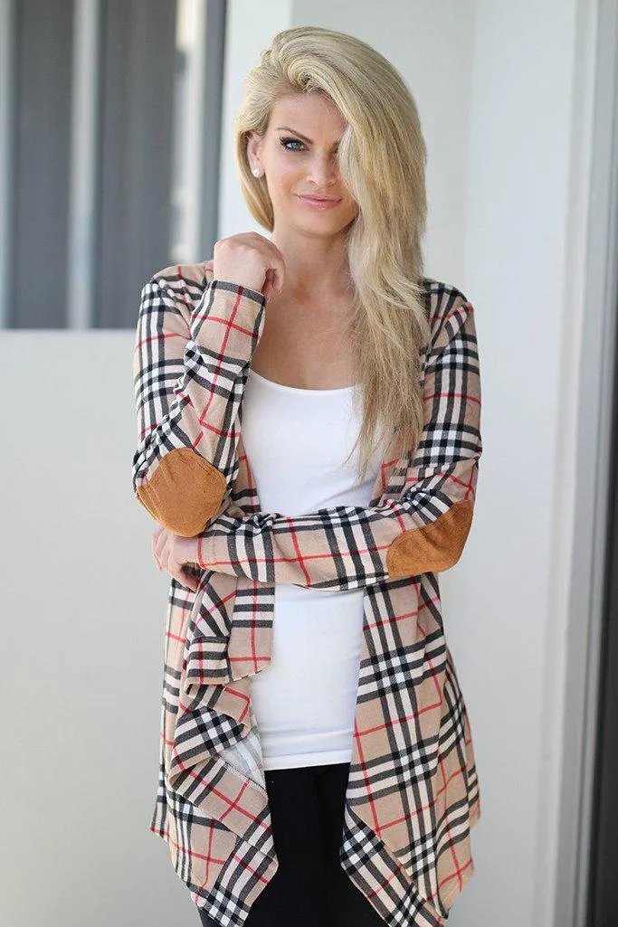 Taupe Plaid Cardigan With Elbow Patches