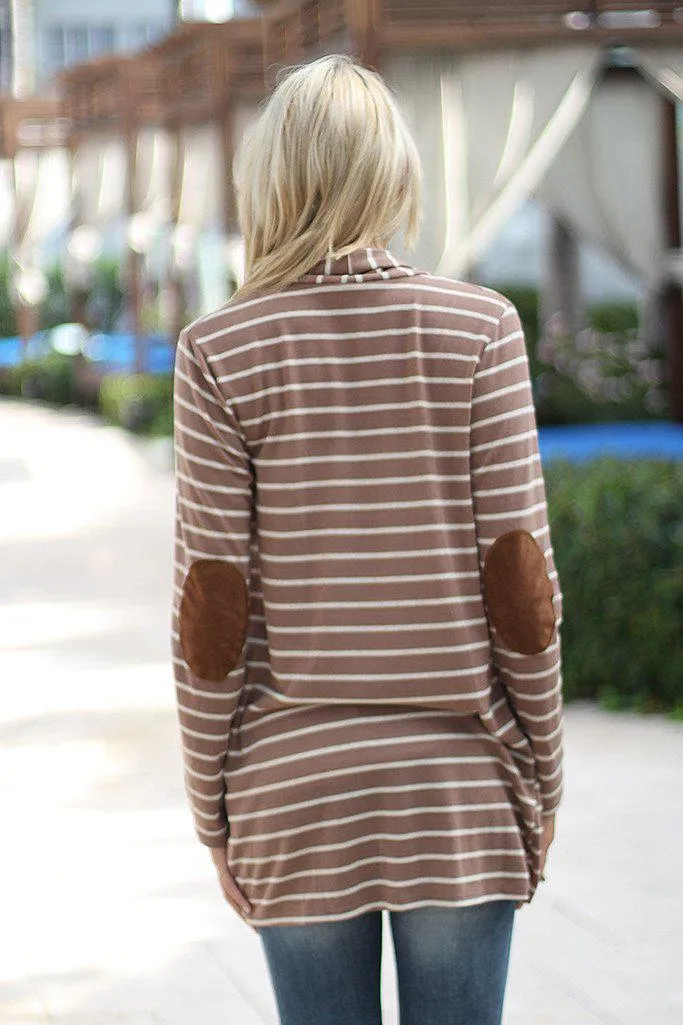 Taupe Striped Cardigan With Elbow Patches