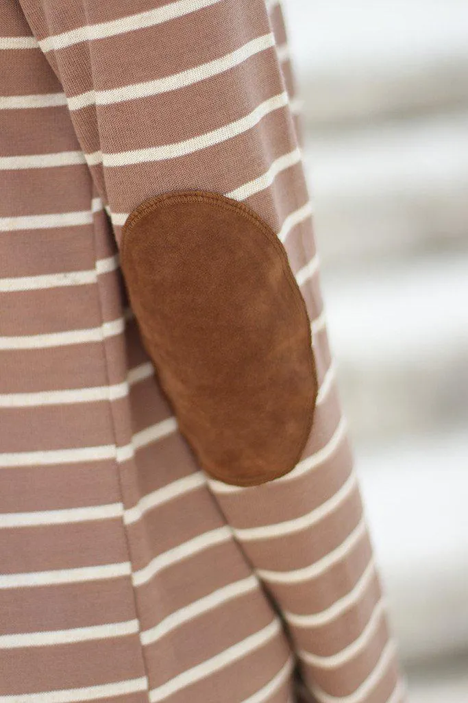 Taupe Striped Cardigan With Elbow Patches