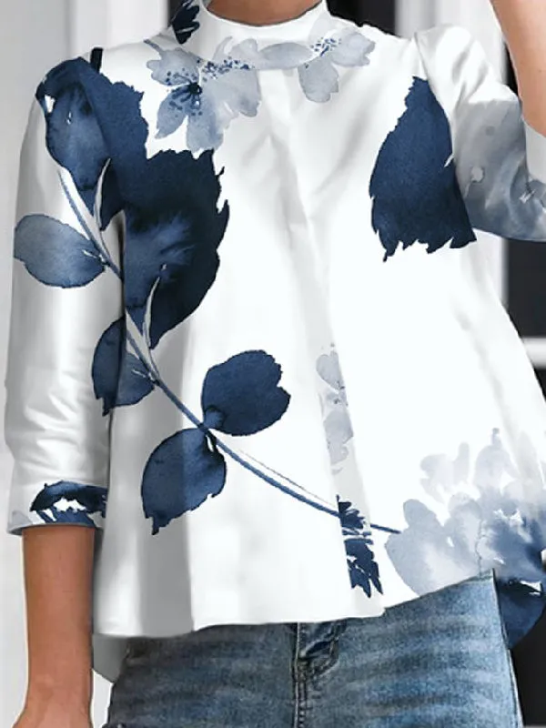 Three-Quarter Sleeves Floral Printed Stand Collar Blouses&Shirts Tops