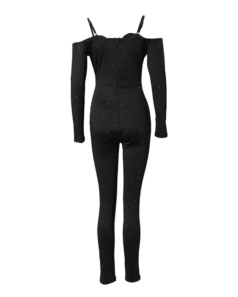 Trendy Glitter Long Sleeve Lace Corset Jumpsuit