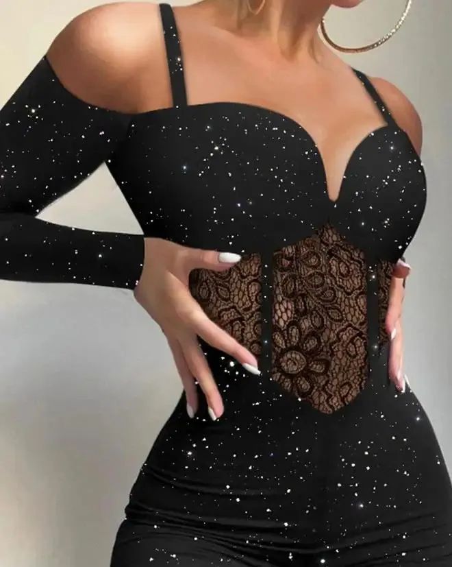 Trendy Glitter Long Sleeve Lace Corset Jumpsuit