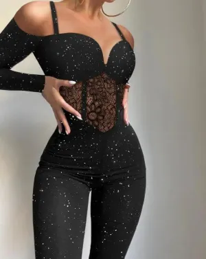 Trendy Glitter Long Sleeve Lace Corset Jumpsuit