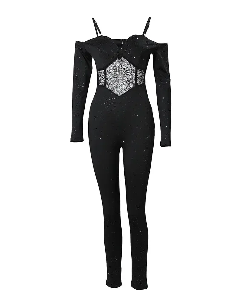 Trendy Glitter Long Sleeve Lace Corset Jumpsuit