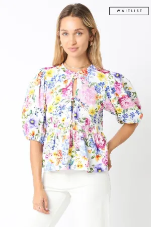 Waitlist 1/20 ♥ Mindy Short Puff Sleeve Front Tie Floral Print Top Blue White