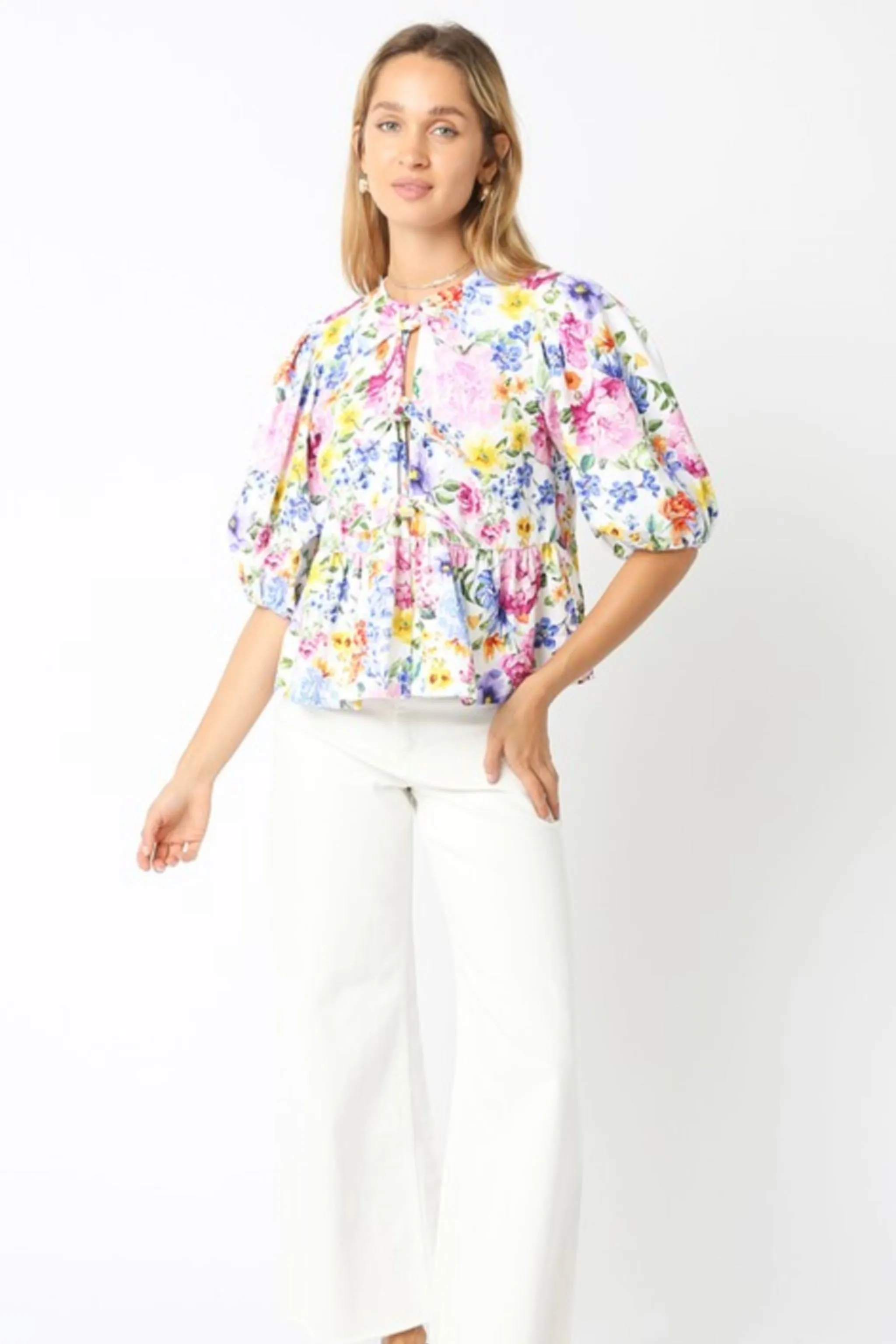 Waitlist 1/20 ♥ Mindy Short Puff Sleeve Front Tie Floral Print Top Blue White