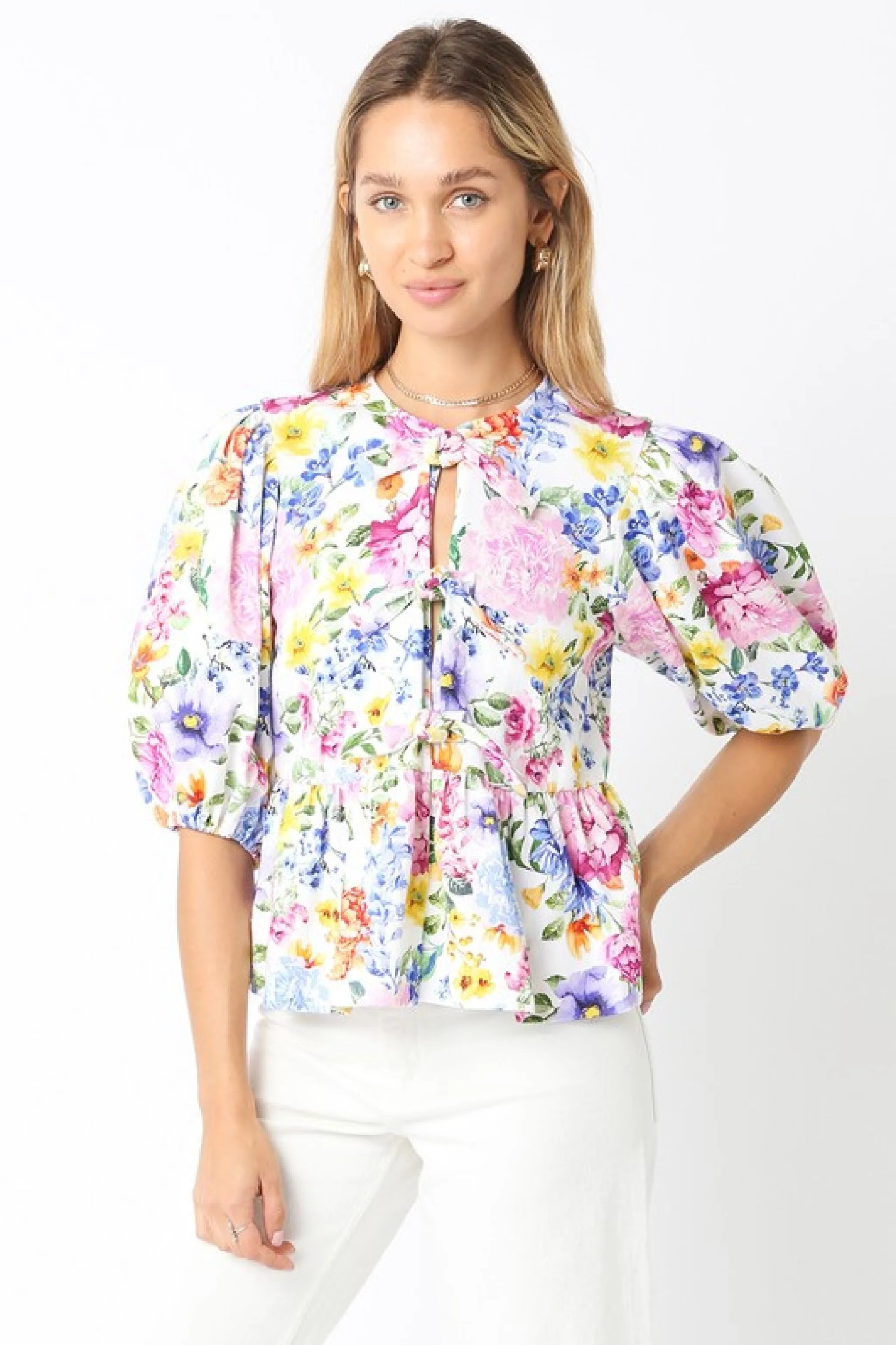 Waitlist 1/20 ♥ Mindy Short Puff Sleeve Front Tie Floral Print Top Blue White