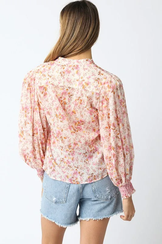 Waitlist 2/5 ♥ Christina Long Sleeve Button Down Floral Print Top Pink