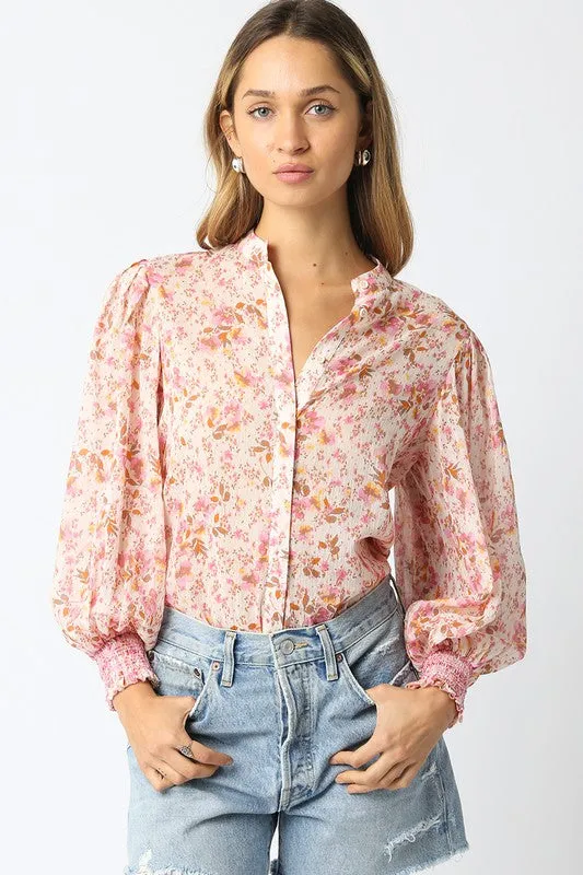 Waitlist 2/5 ♥ Christina Long Sleeve Button Down Floral Print Top Pink