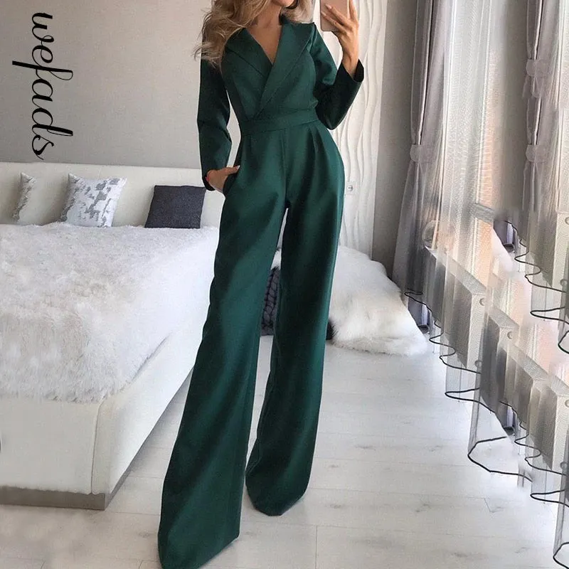 Wenkouban  Autumn Woman  Jumpsuit    Long Sleeve V-neck  Solid Color Suit Collar Top   Wide Leg Pant Romper For Women