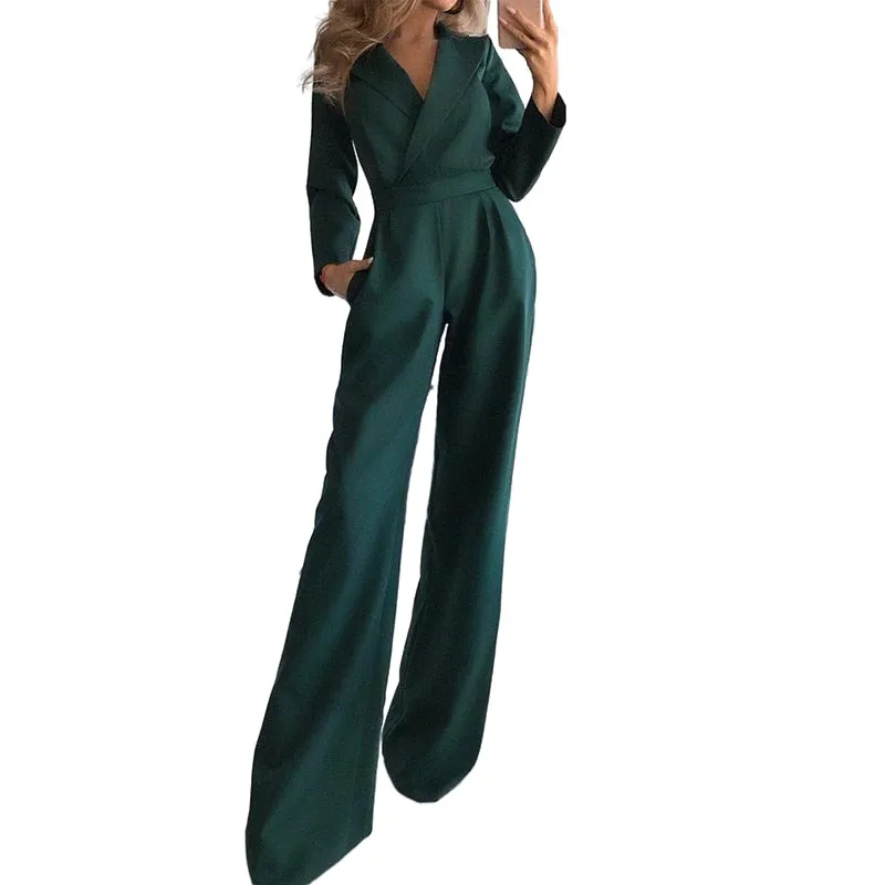 Wenkouban  Autumn Woman  Jumpsuit    Long Sleeve V-neck  Solid Color Suit Collar Top   Wide Leg Pant Romper For Women