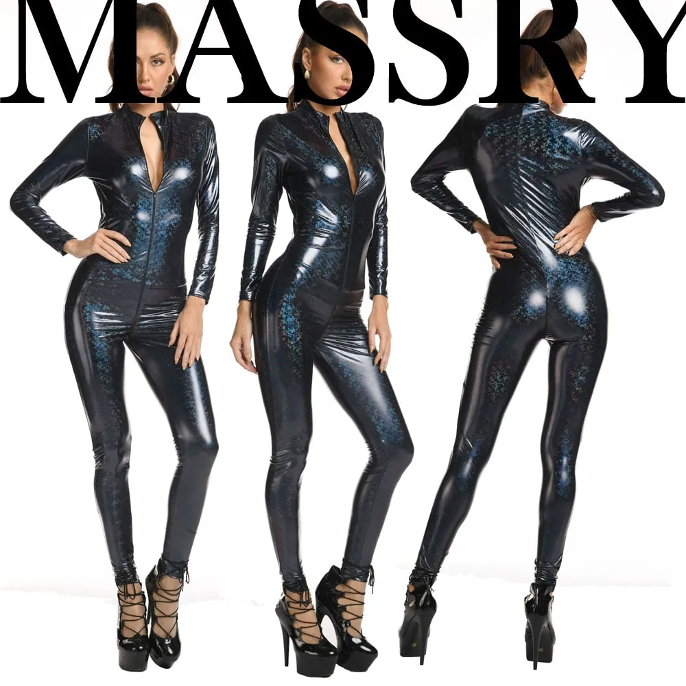 Wet Look Clubwear Multicolor Laser Gloss Bodysuits Shiny PVC Faux Leather Rompers Two-way Zipper Tight Jumpsuit