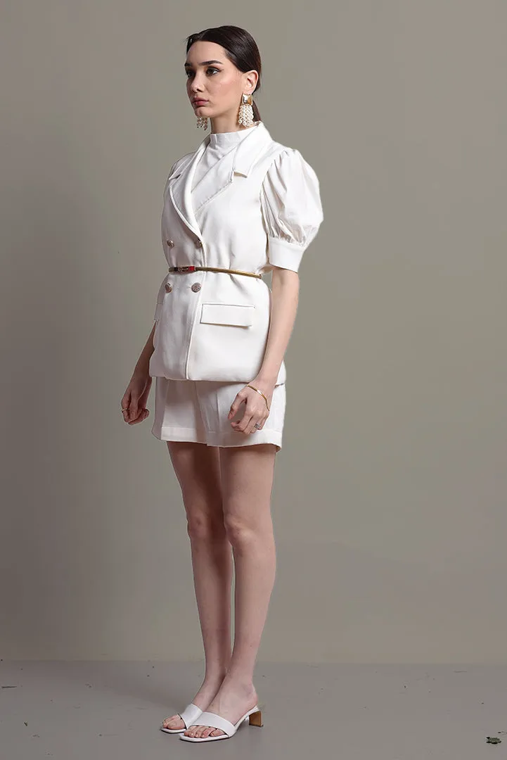 White Sleeveless blazer with high waist shorts Coord Set