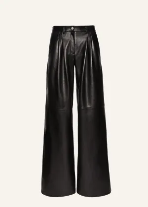 Wide-leg tailored leather pants in black