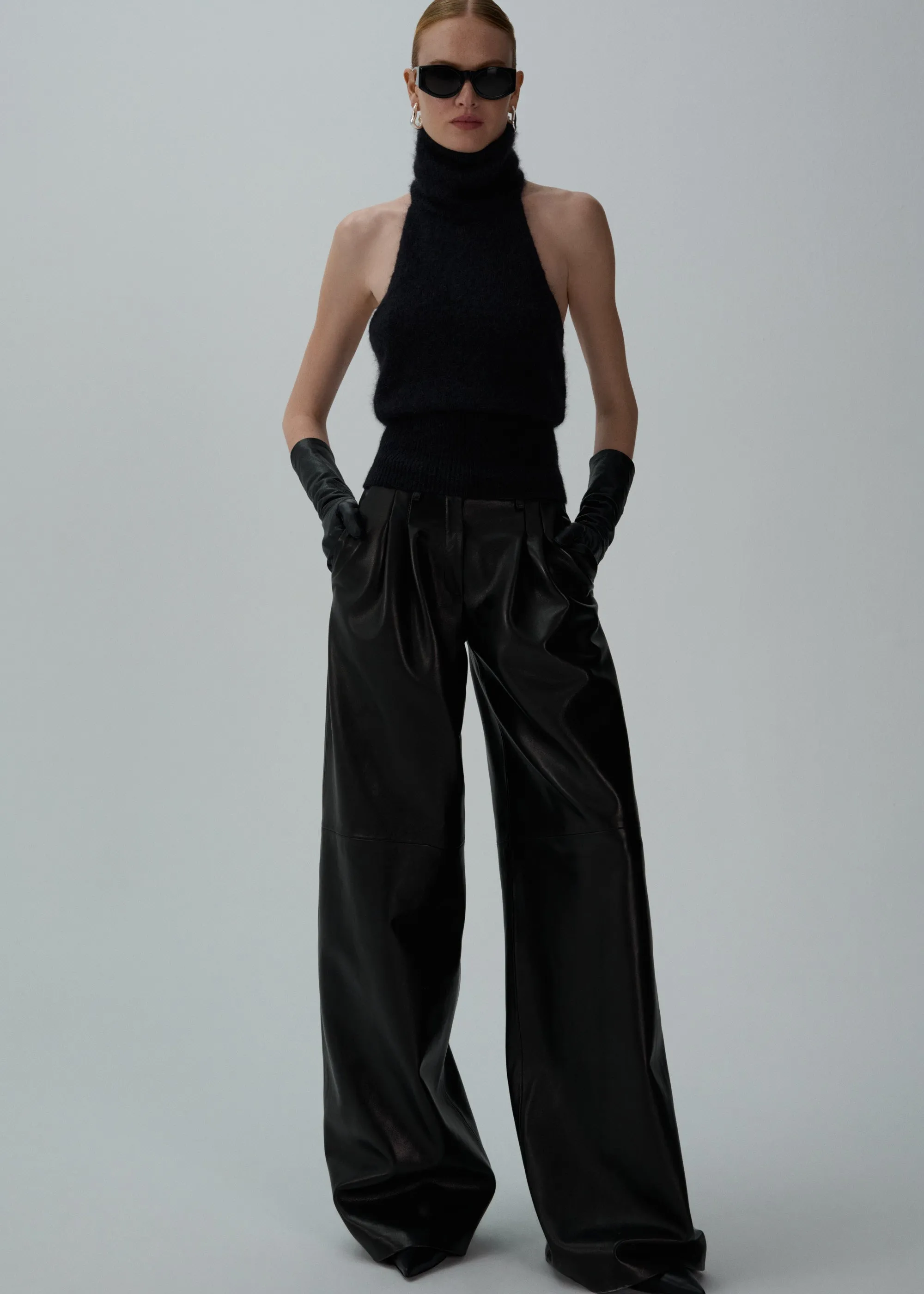 Wide-leg tailored leather pants in black