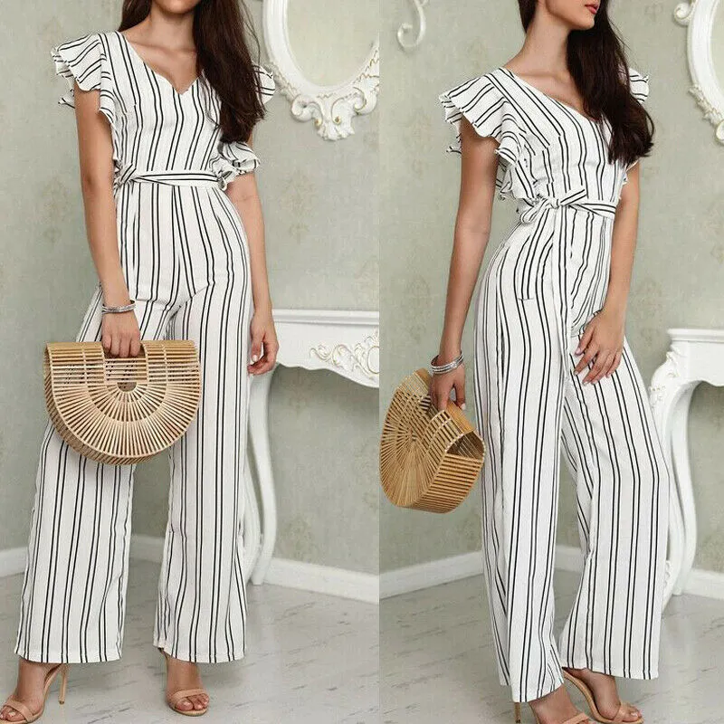 Women Sexy Casual Striped V Neck Loose Playsuit Jumpsuits Women Romper Party Ladies Sleeveless Long Pant Trouser Jumpsuit