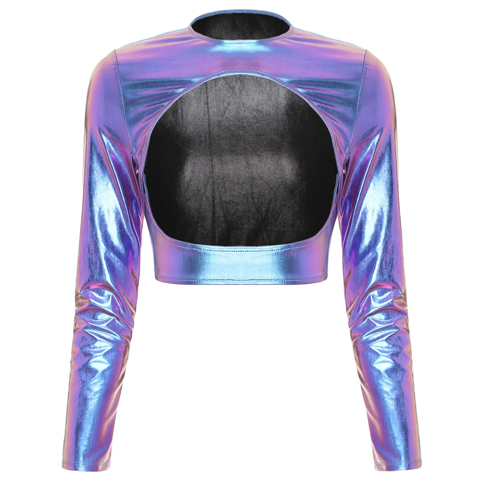 Womens Metallic Shiny Cut Out Crop Top Open Front Disco Rave Costume