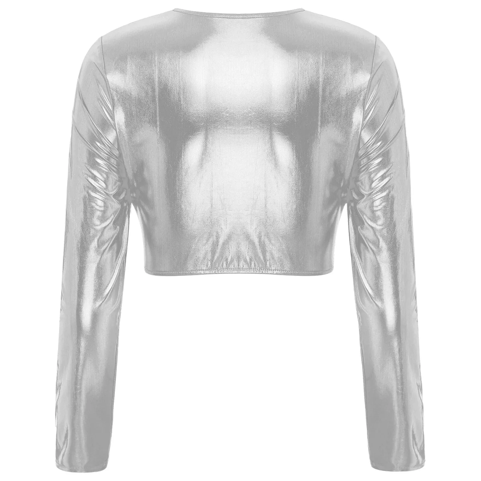 Womens Metallic Shiny Cut Out Crop Top Open Front Disco Rave Costume