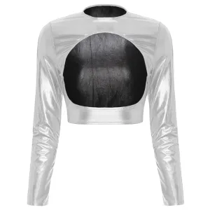 Womens Metallic Shiny Cut Out Crop Top Open Front Disco Rave Costume