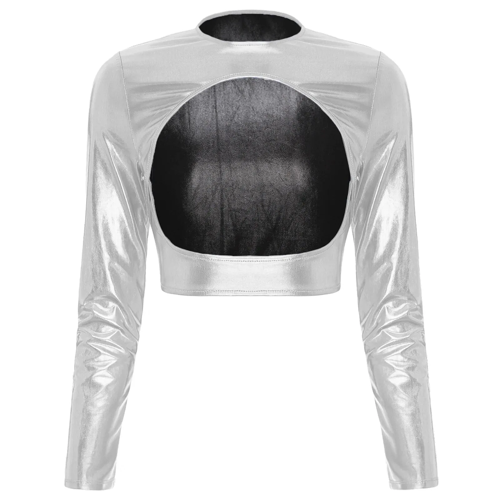 Womens Metallic Shiny Cut Out Crop Top Open Front Disco Rave Costume