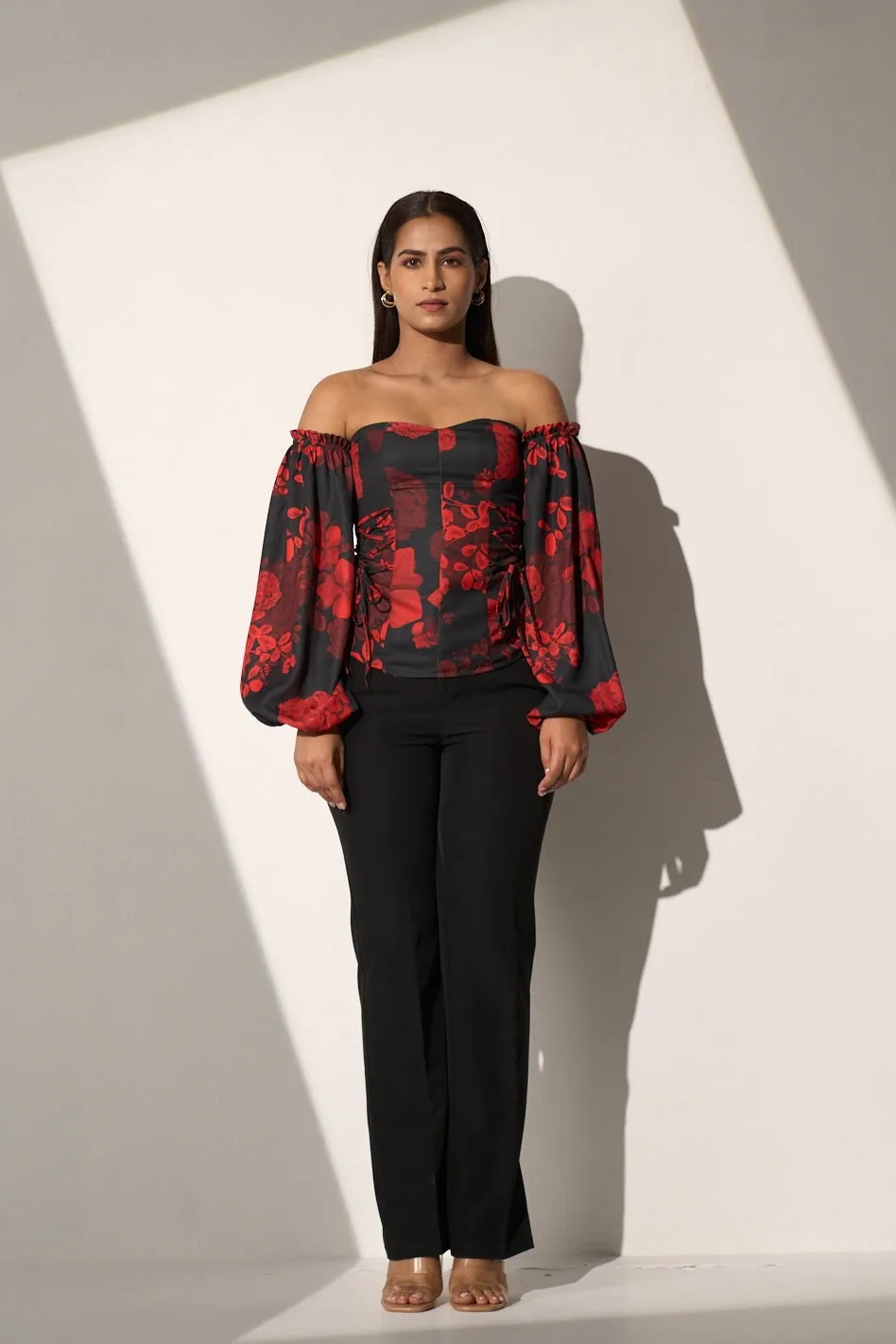 Women's Off shoulder Floral Top and Black straight pant